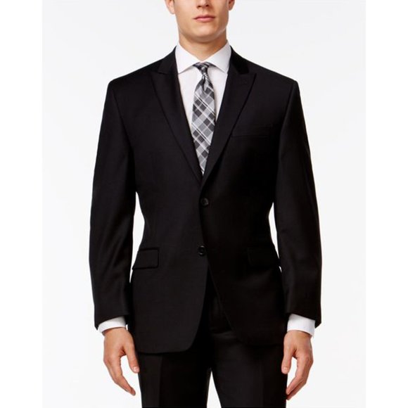Calvin Klein Men's Shiny Solid Peak Lapel Slim Fit Suit Jacket  Black 36R